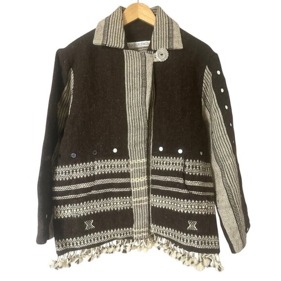 Alix of Bohemia Embroidered Handwoven Brown Blanket Jacket Small Western Boho - Picture 5 of 16